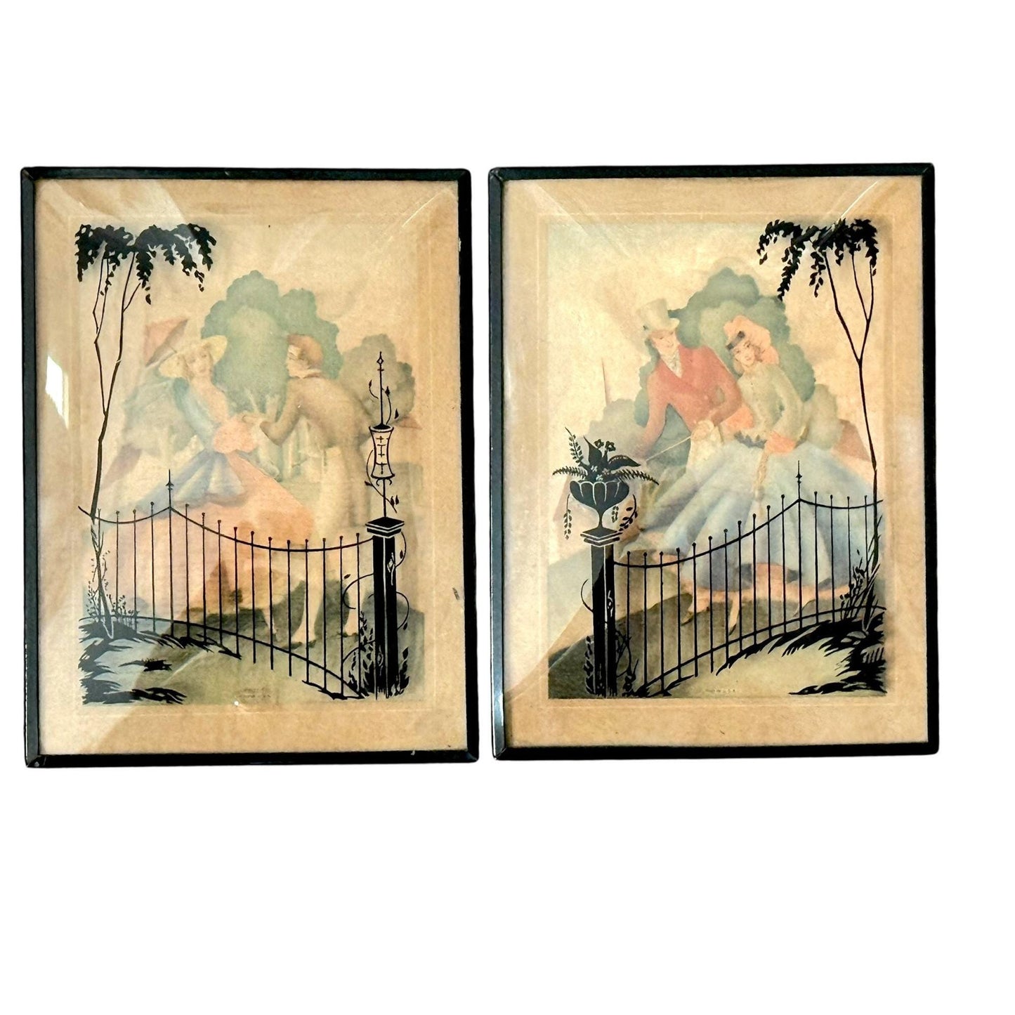 Vintage Silhouette Reverse Litho Bubble Glass Framed Art Pair Romantic Victorian Scenes