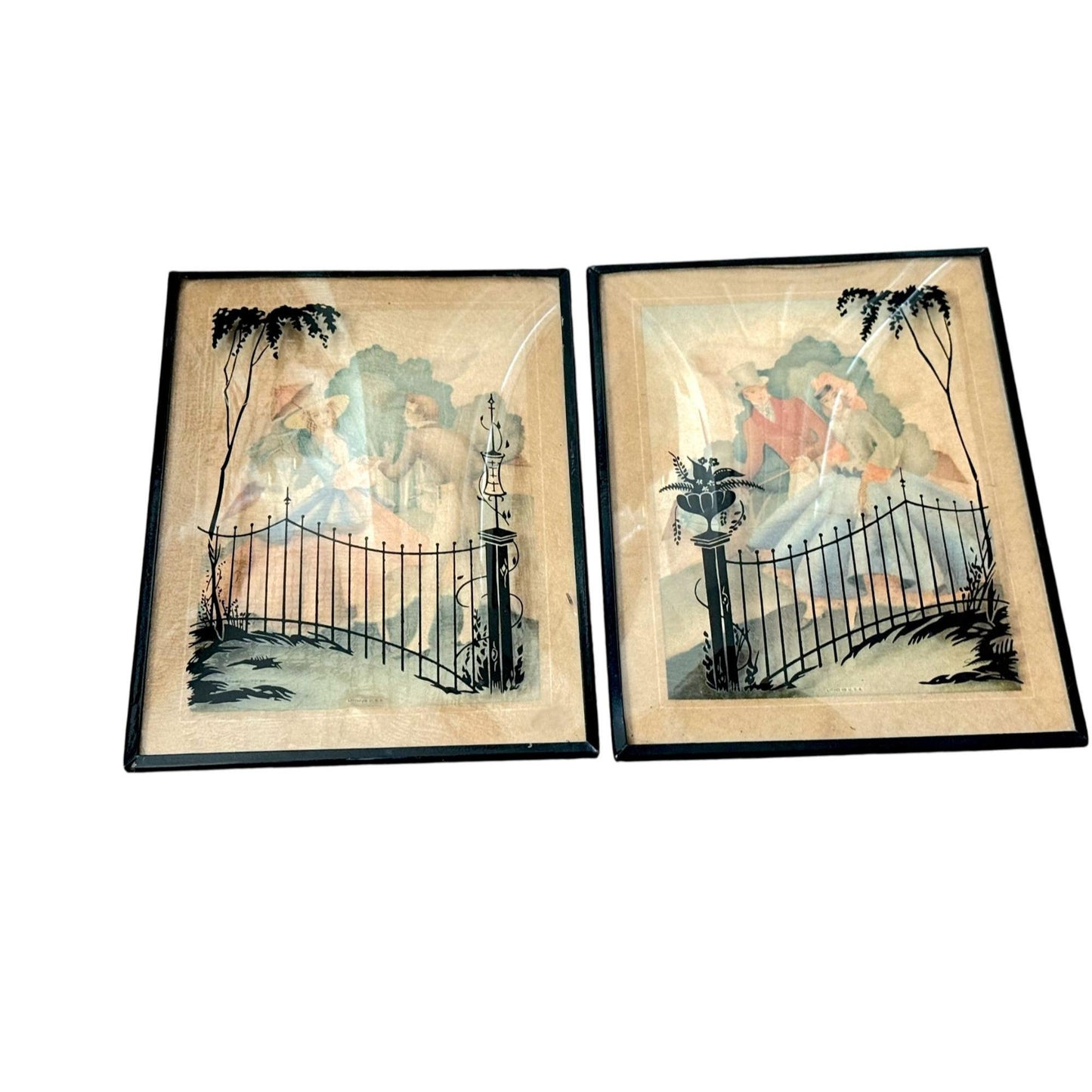 Vintage Silhouette Reverse Litho Bubble Glass Framed Art Pair Romantic Victorian Scenes