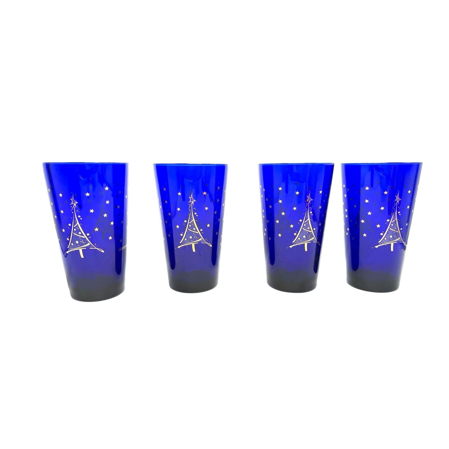 Culver Blue Glass Highball Tumblers With Gold Christmas Tree Design- Set of 4 Made In USA