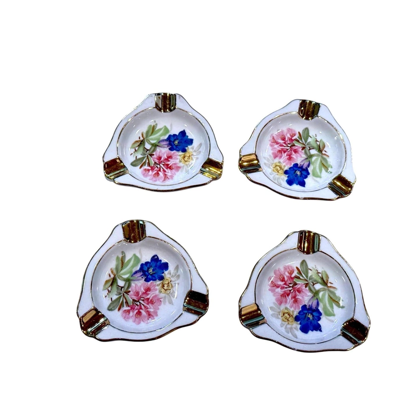 PlankenHammer Floss Bavaria Porcelain Ashtrays Floral Gold Trim Set Of 4