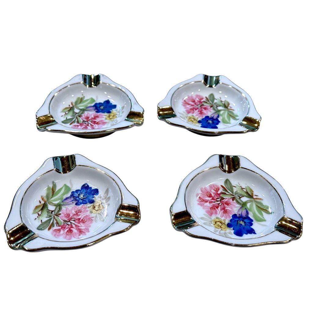 PlankenHammer Floss Bavaria Porcelain Ashtrays Floral Gold Trim Set Of 4