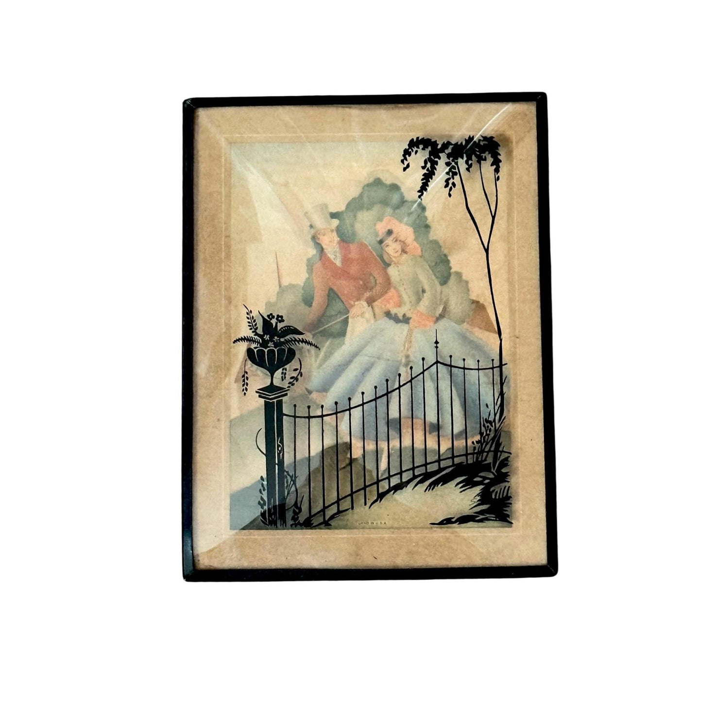 Vintage Silhouette Reverse Litho Bubble Glass Framed Art Pair Romantic Victorian Scenes