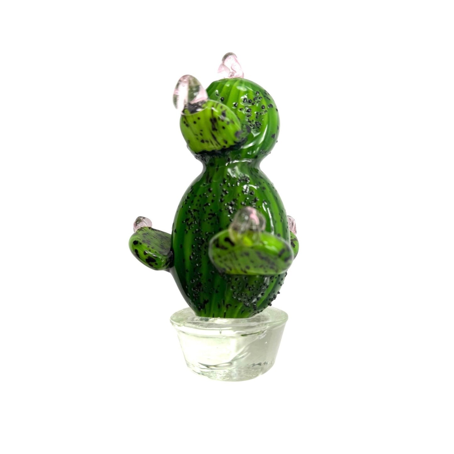 Handblown Green Glass Cactus Figurine With Pink Accents Decorative Art Piece