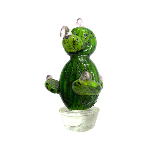 Handblown Green Glass Cactus Figurine With Pink Accents Decorative Art Piece
