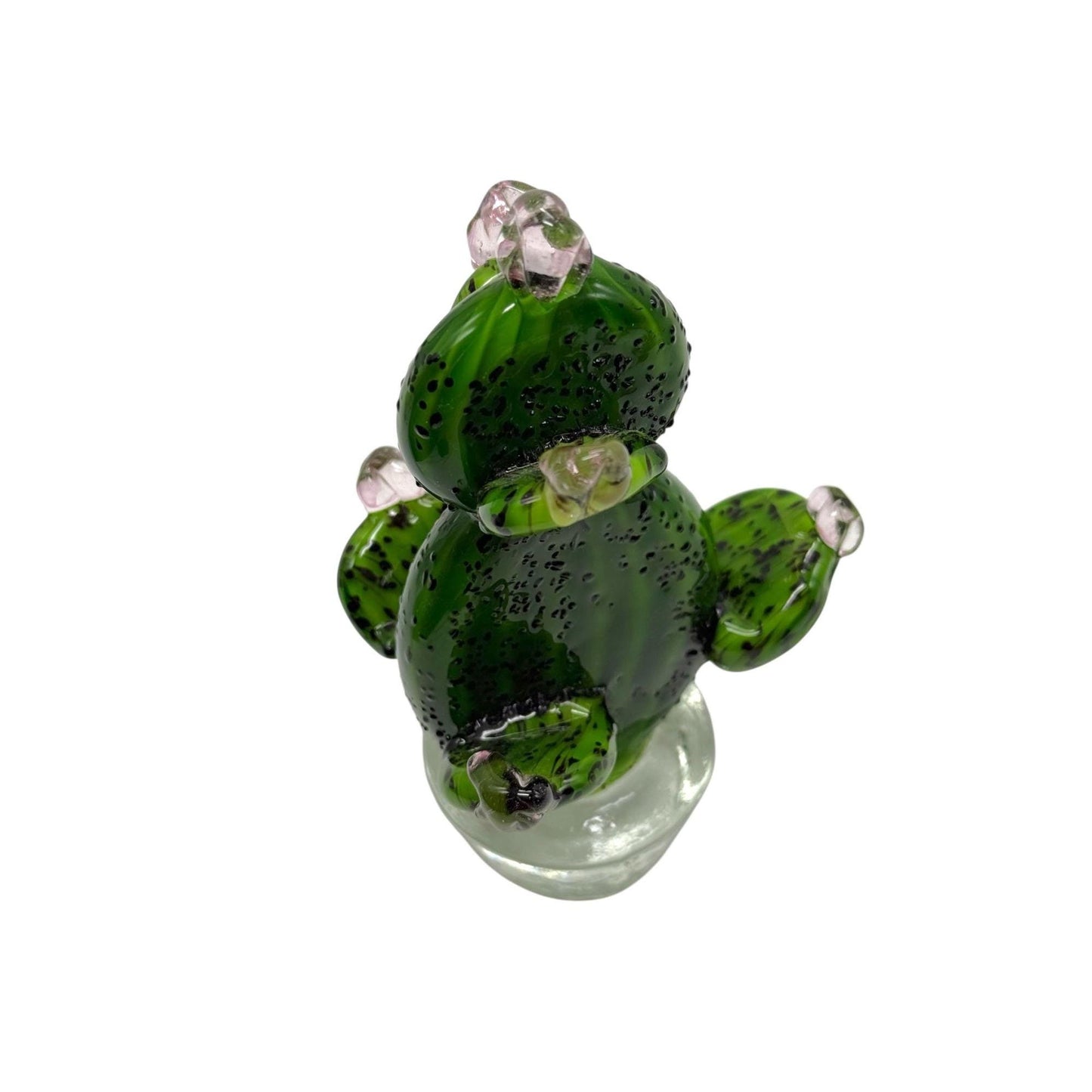 Handblown Green Glass Cactus Figurine With Pink Accents Decorative Art Piece