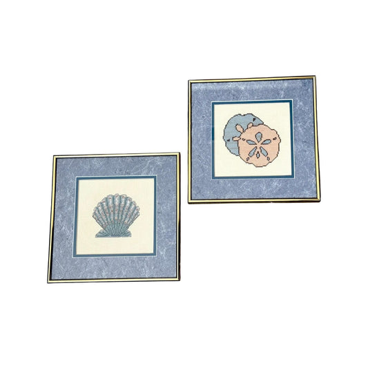 Framed Seashell Cross-Stitch Wall Art: Nautical Cottagecore Decor, Brass Frames (Set of 2)