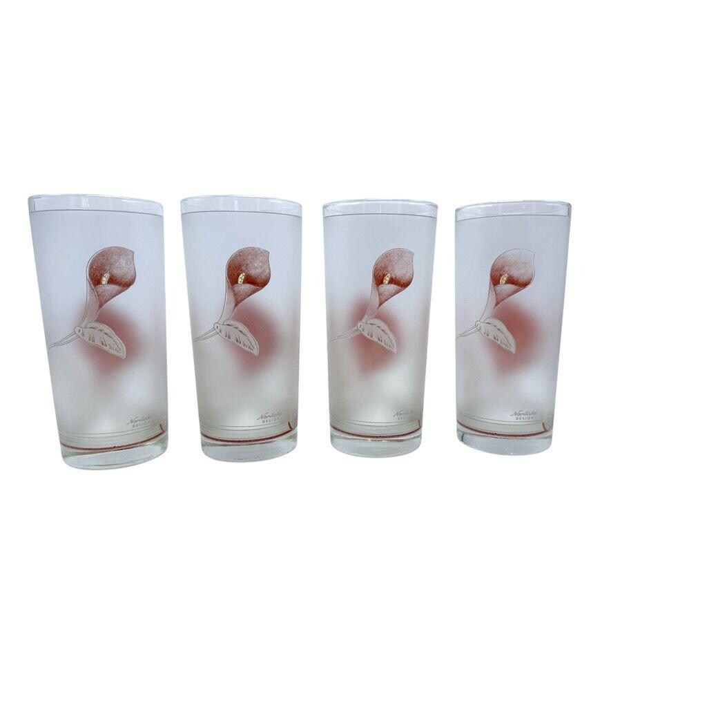Noritake Vintage Frosted Glass Tumblers With Pink/Mauve Calla Lily Design - 4