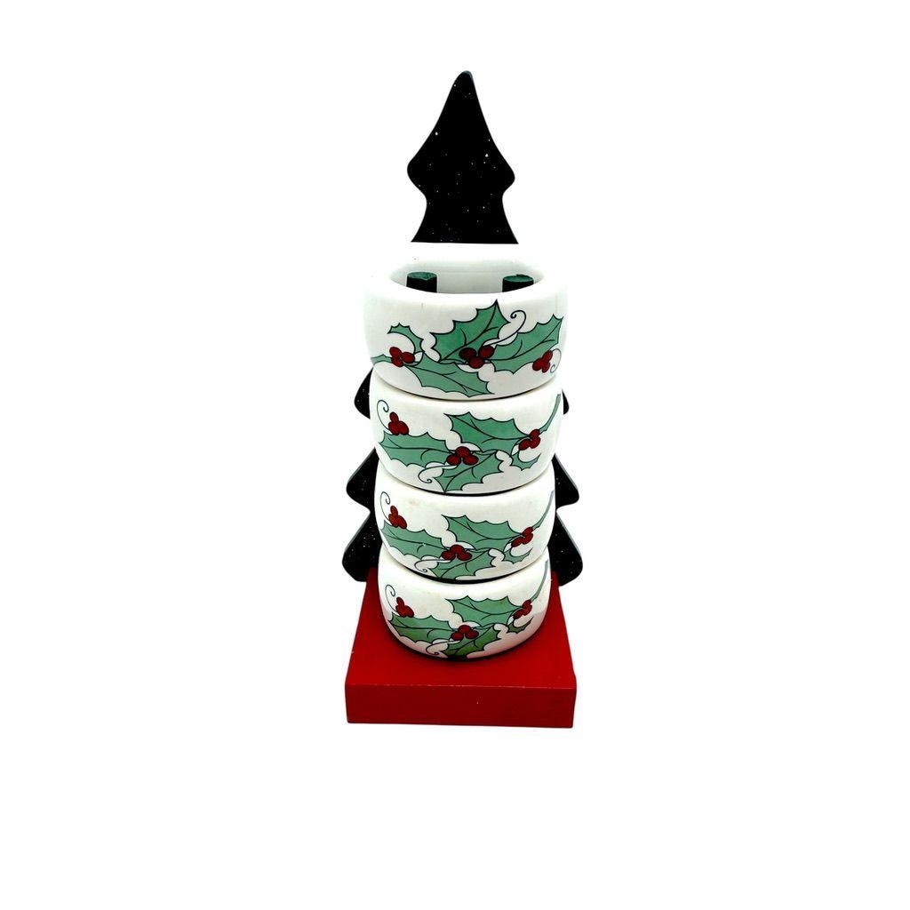 Porcelain Christmas Napkin Rings With Holly Design & Tree-Shaped Stand - Set Of 4