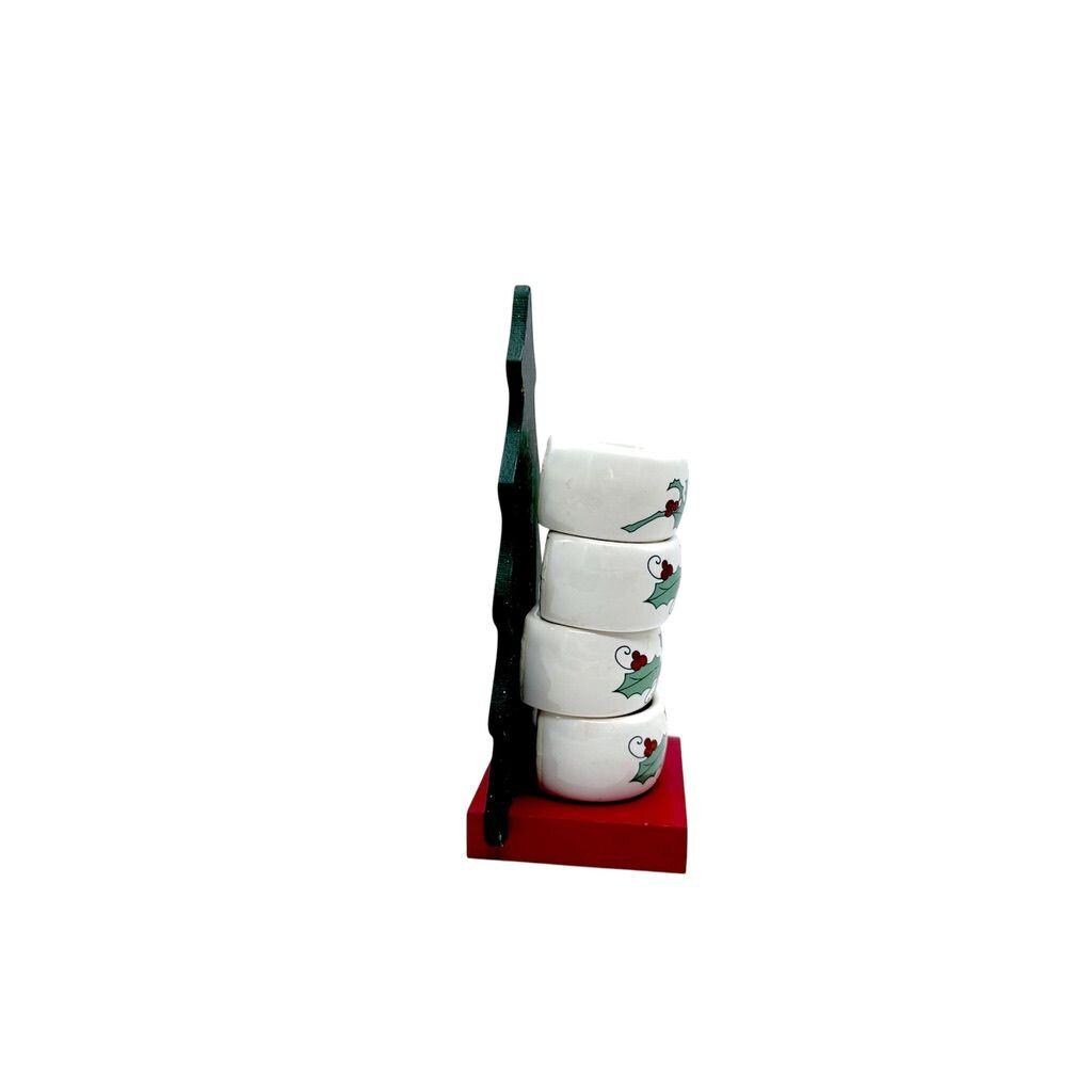 Porcelain Christmas Napkin Rings With Holly Design & Tree-Shaped Stand - Set Of 4