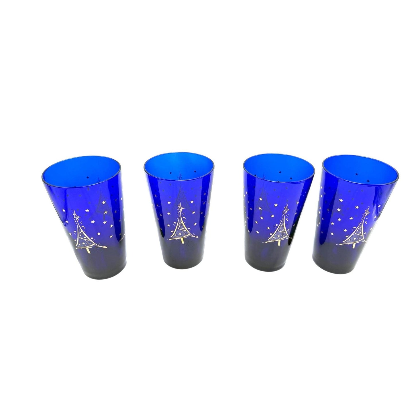 Culver Blue Glass Highball Tumblers With Gold Christmas Tree Design- Set of 4 Made In USA