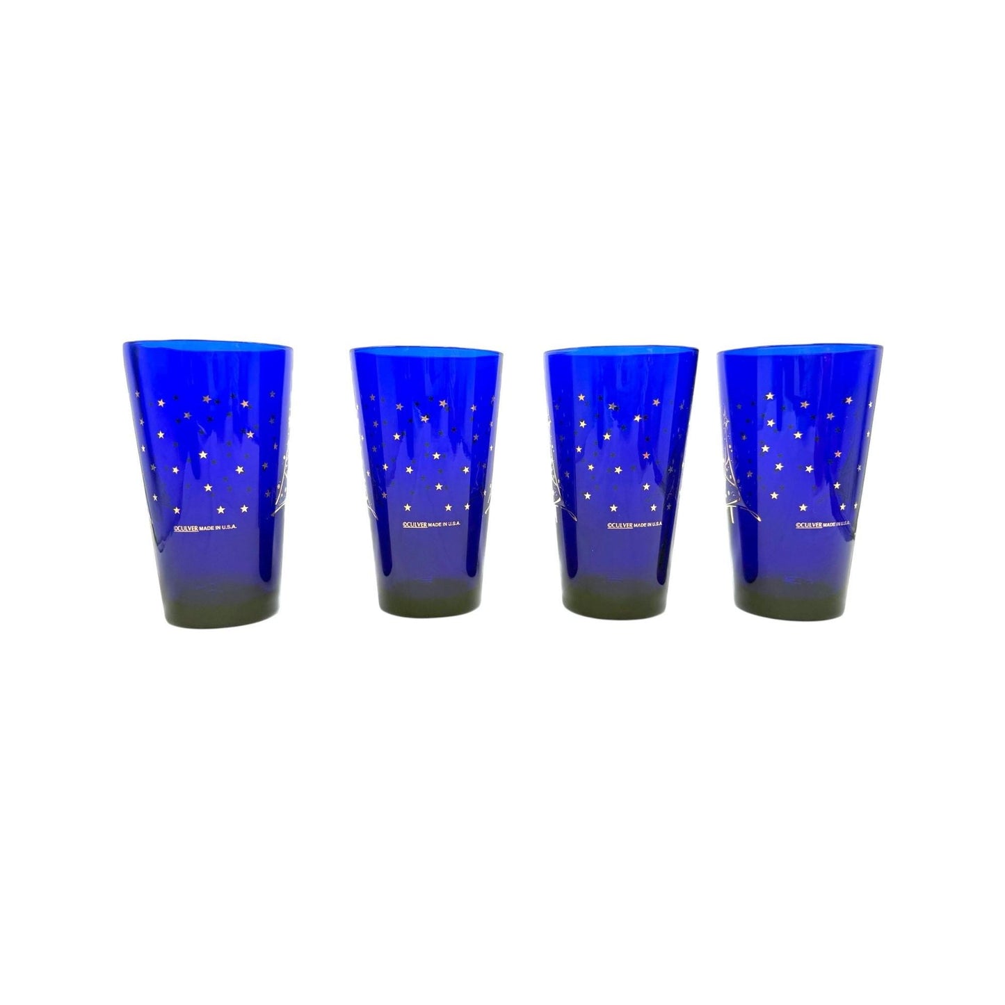 Culver Blue Glass Highball Tumblers With Gold Christmas Tree Design- Set of 4 Made In USA