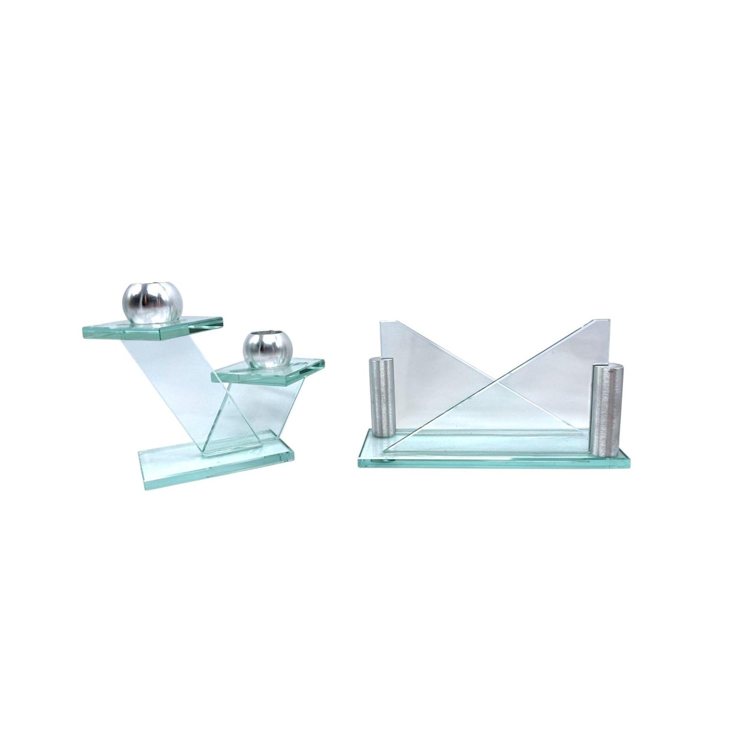 Vintage 80's Modern Art Deco Design Glass & Metal Candlestick Holder and Napkin Holder Set