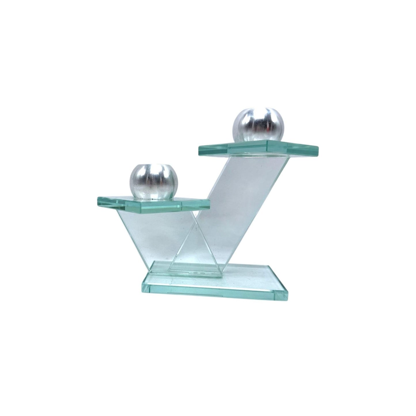Vintage 80's Modern Art Deco Design Glass & Metal Candlestick Holder and Napkin Holder Set
