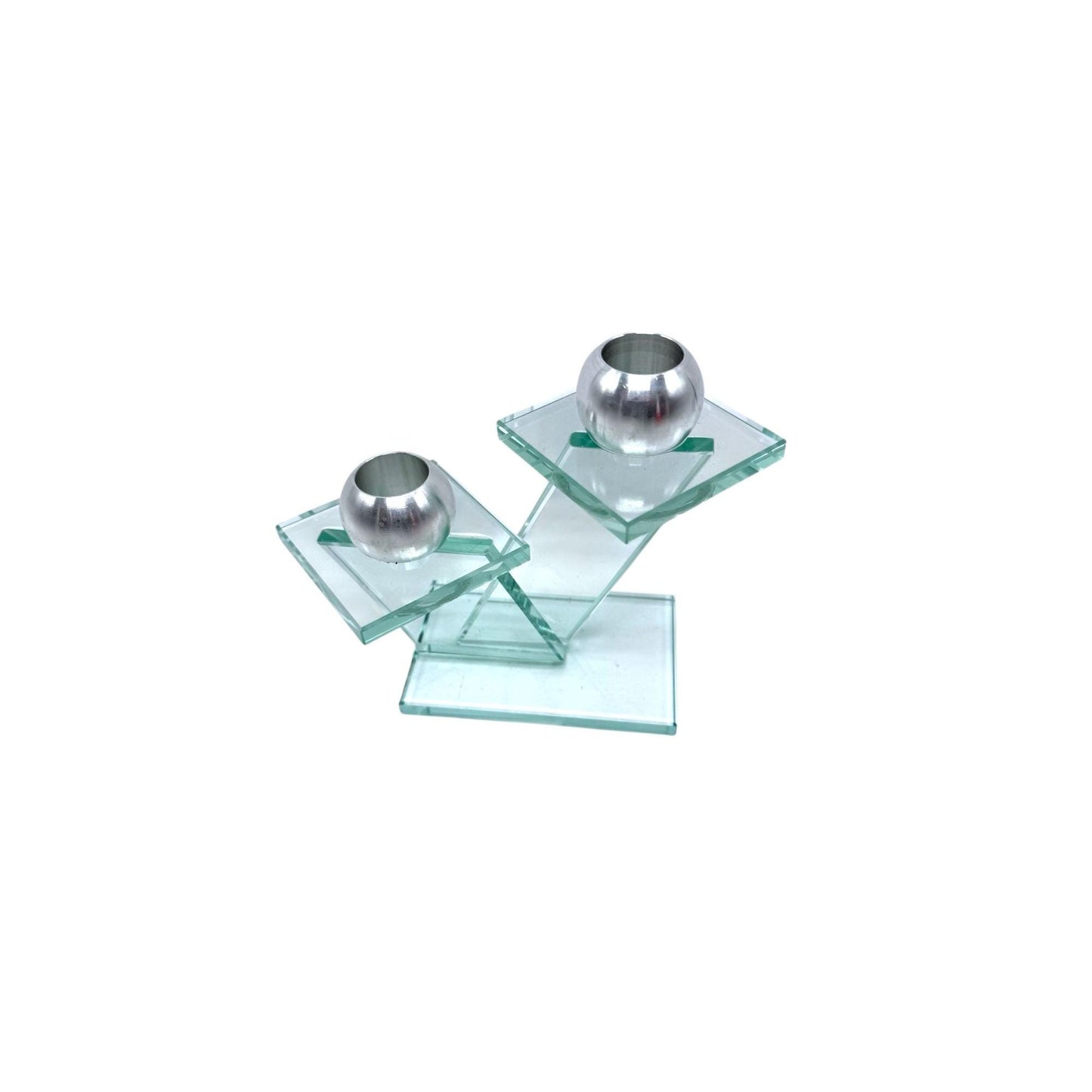 Vintage 80's Modern Art Deco Design Glass & Metal Candlestick Holder and Napkin Holder Set