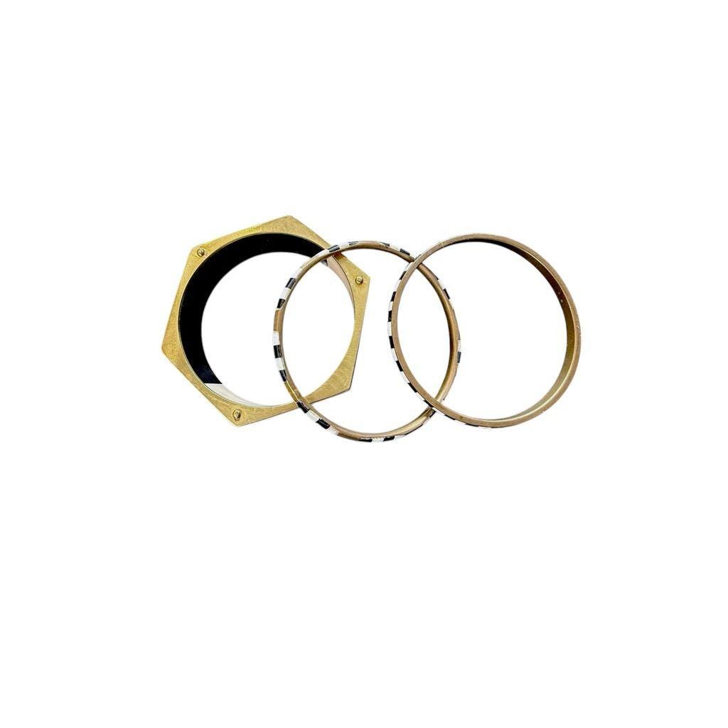 Set Of 3 Black & White Bangles With Hexagonal Brass Accent Bracelet