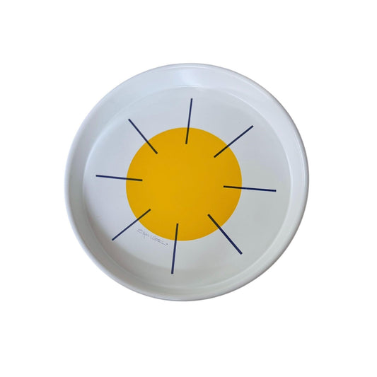 Edgar Watkins White Round Tray With Yellow Sunburst Design