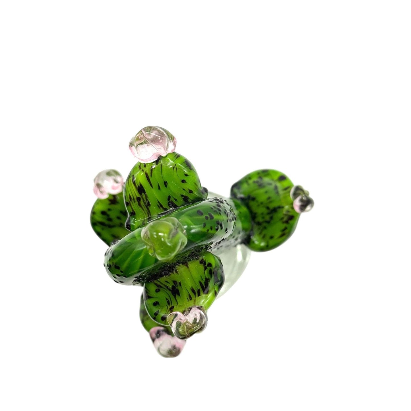 Handblown Green Glass Cactus Figurine With Pink Accents Decorative Art Piece