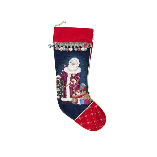 Vintage 1990s Needlepoint Christmas Stocking With Santa Design Tassel Ball Trim