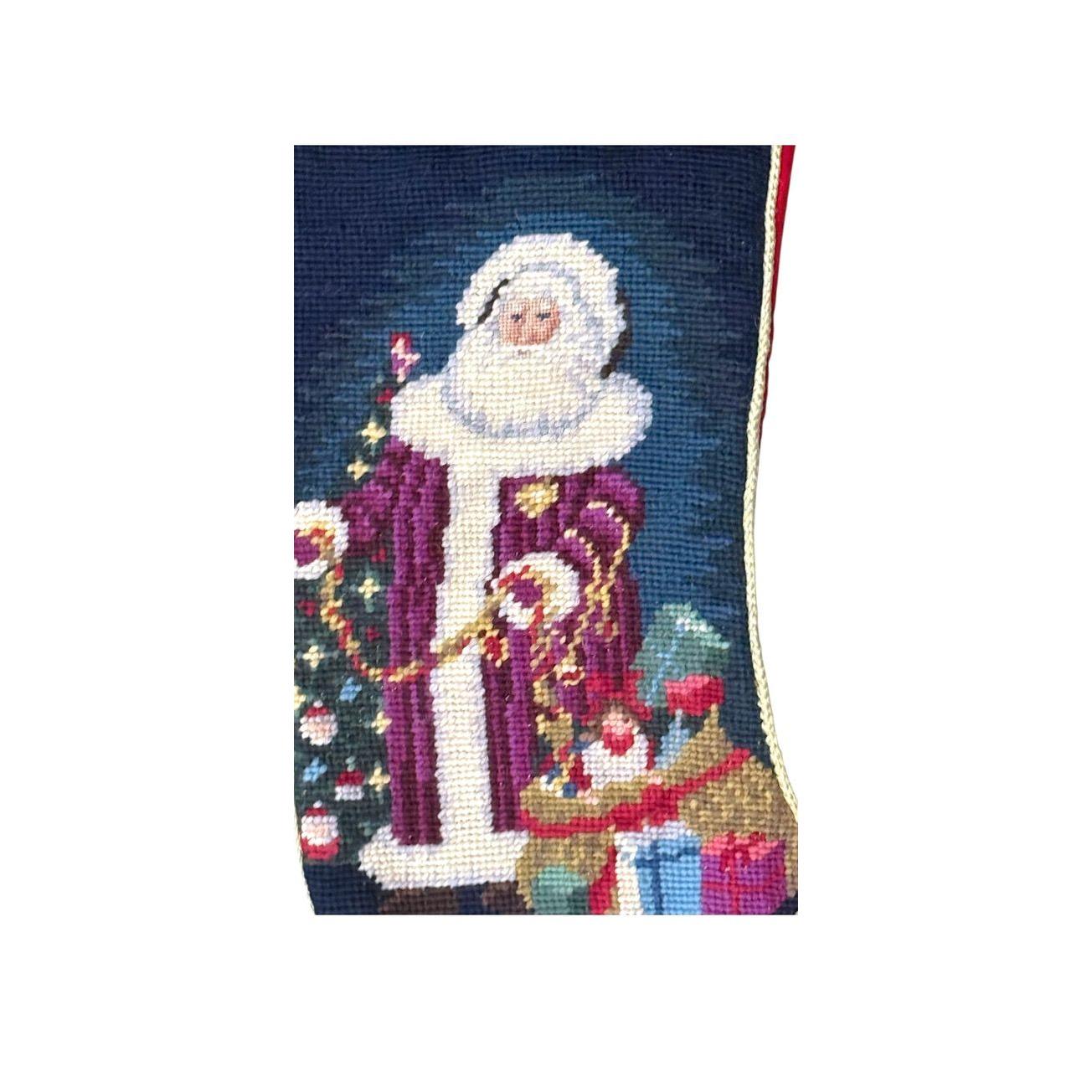 Vintage 1990s Needlepoint Christmas Stocking With Santa Design Tassel Ball Trim