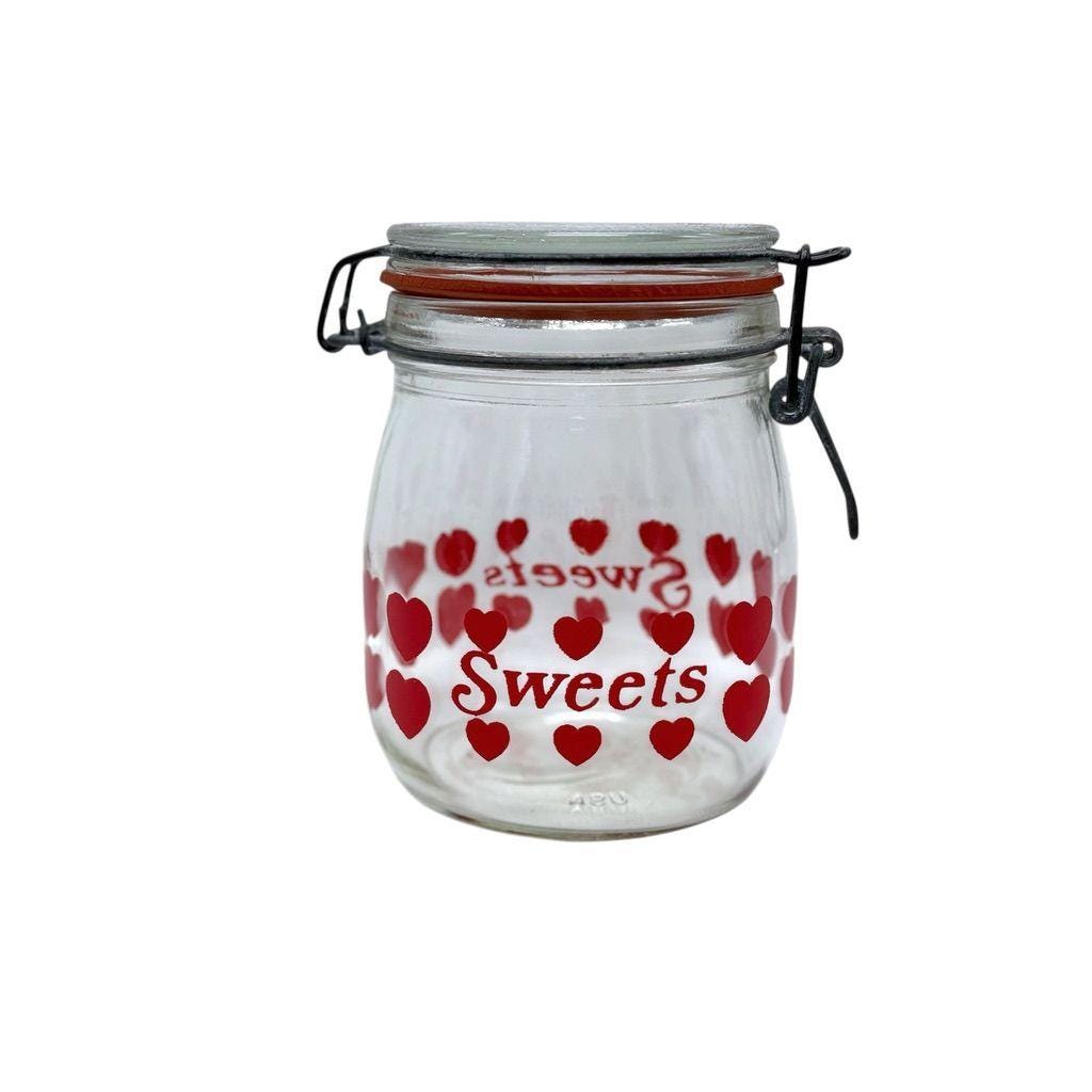 Carlton Glass Heart-Patterned Sweet Jar With Airtight Lid Red Sealing Ring Made In USA