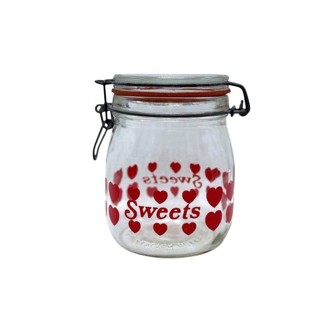Carlton Glass Heart-Patterned Sweet Jar With Airtight Lid Red Sealing Ring Made In USA