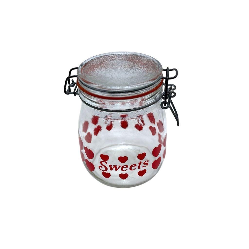 Carlton Glass Heart-Patterned Sweet Jar With Airtight Lid Red Sealing Ring Made In USA