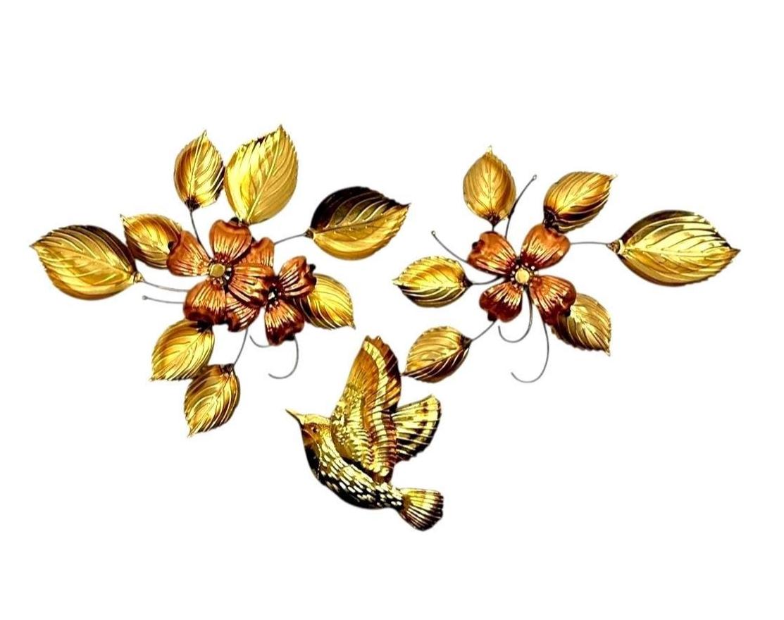 Vintage Homeco Gold/Copper Metal Wall Art Set Bird & Floral Design, 3 Piece Set