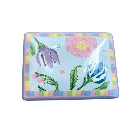 Horchow Pastel Pink/Blue Floral Porcelain Trinket Box With Lid & Divided Interior