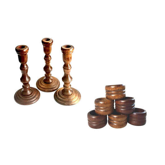 Vintage Set Of 3 Wooden Candle Holders & 6 Napkin Rings Rustic Handcrafted Decor