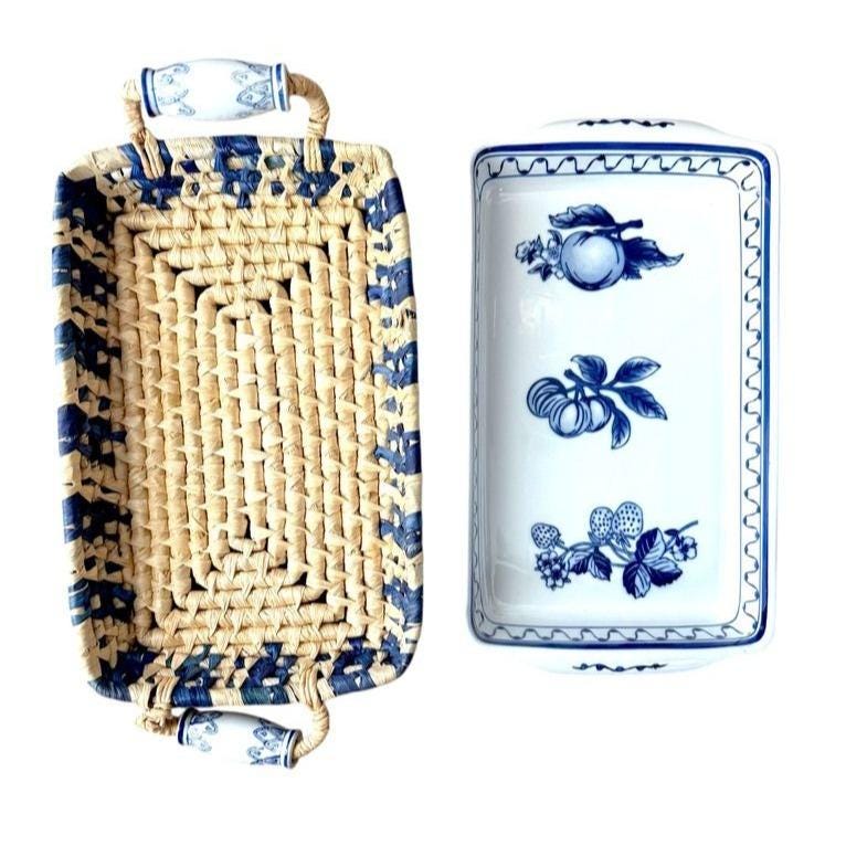 Blue Floral Porcelain Serving Dishes with Rattan Carrier, Set of 2