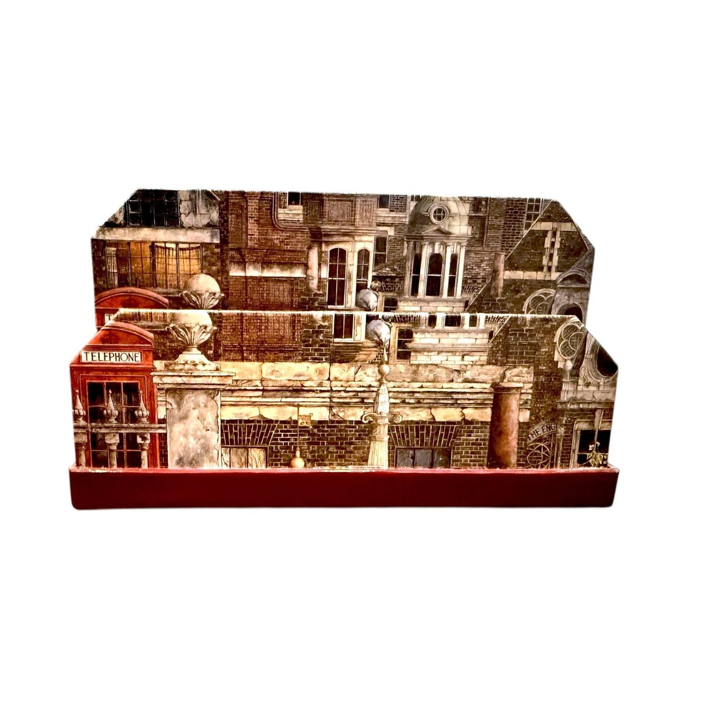 1985 A. Ingamells "Cityscape" Decoupage Desk Organizer Set W/ Trinket Chest, Address Book & Letter Holder