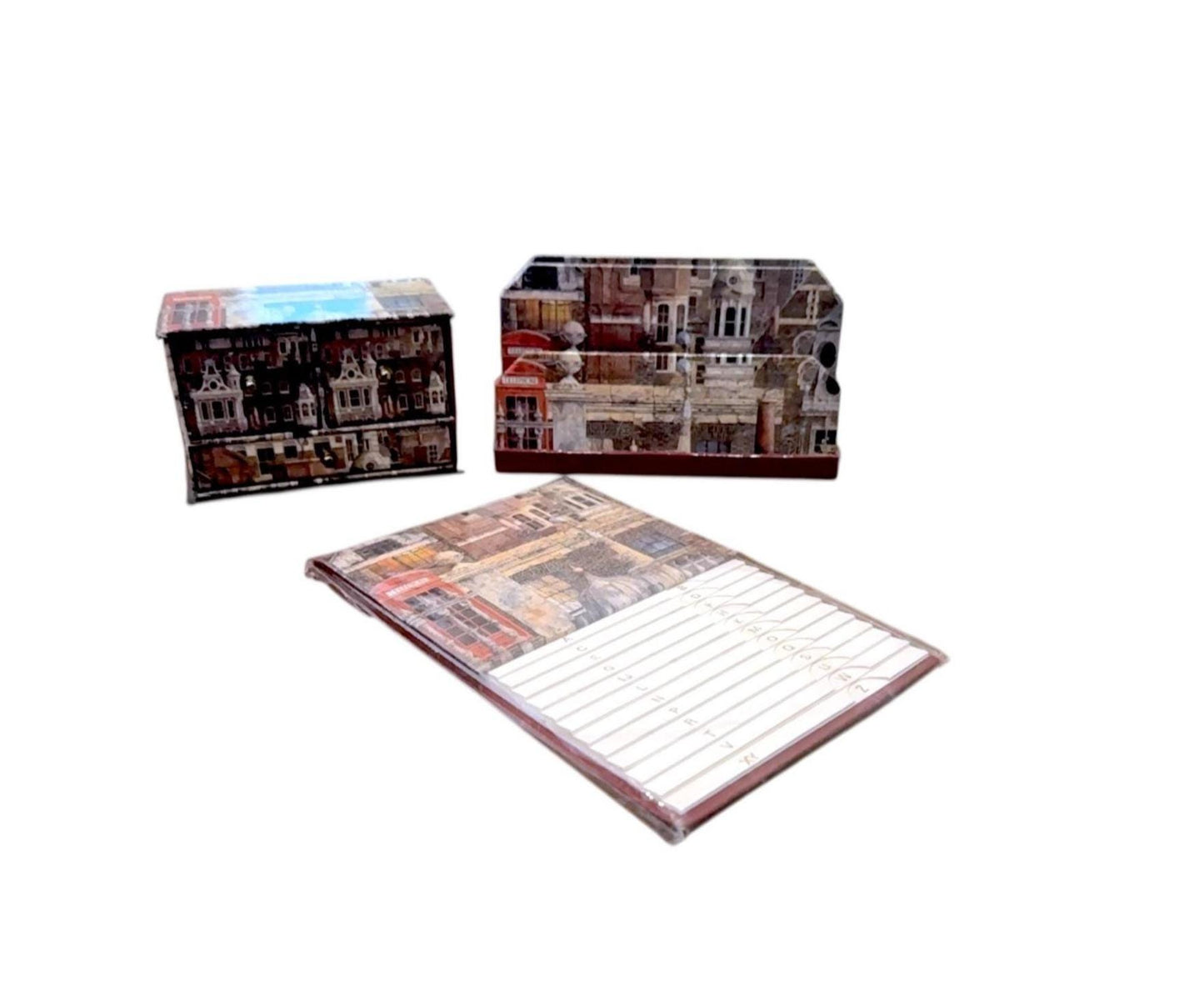 1985 A. Ingamells "Cityscape" Decoupage Desk Organizer Set W/ Trinket Chest, Address Book & Letter Holder