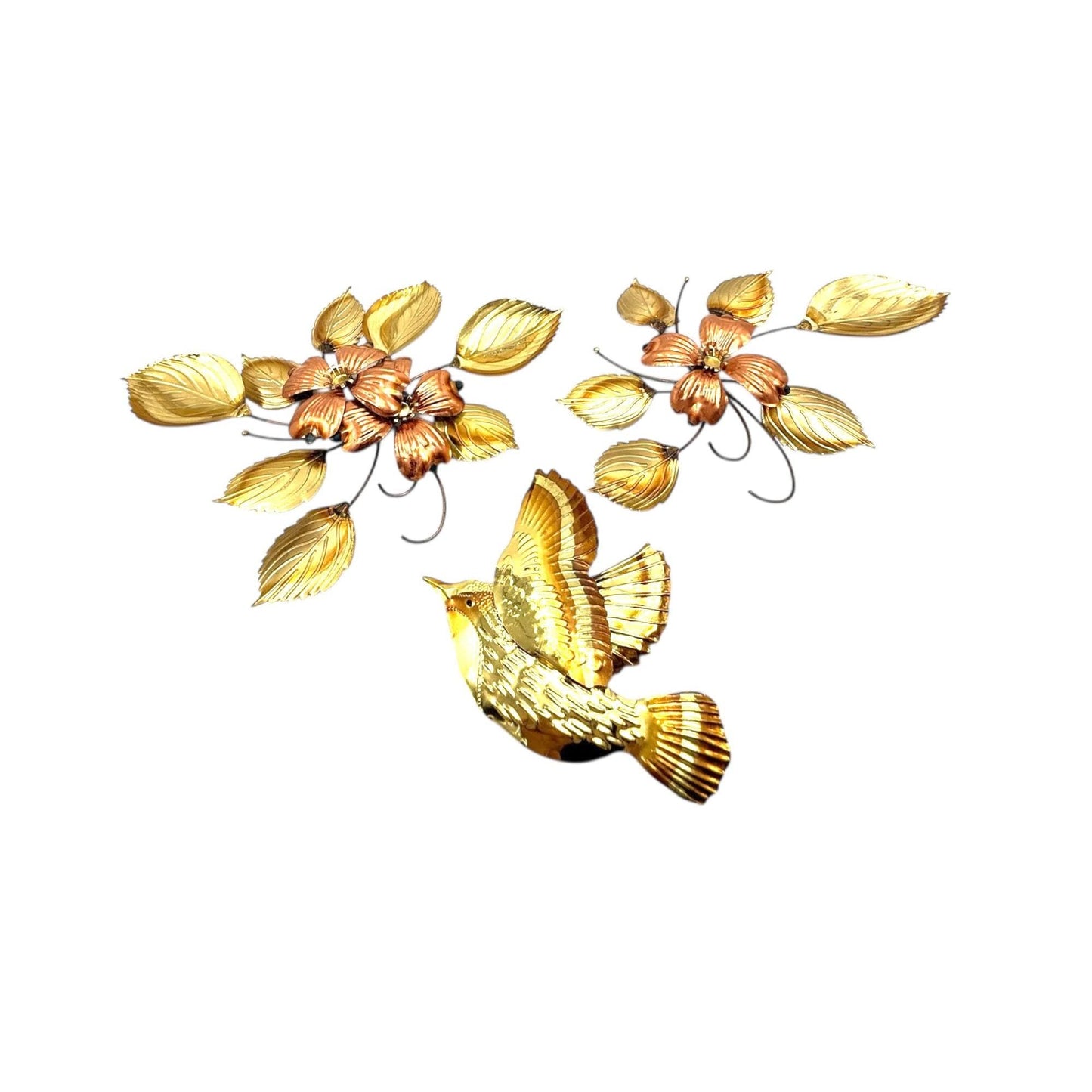 Vintage Homeco Gold/Copper Metal Wall Art Set Bird & Floral Design, 3 Piece Set
