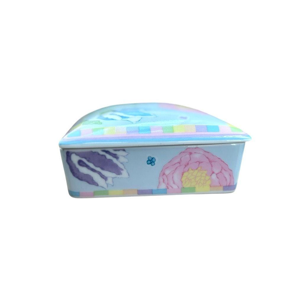 Horchow Pastel Pink/Blue Floral Porcelain Trinket Box With Lid & Divided Interior