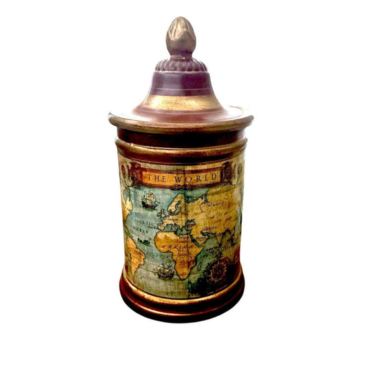Vintage World Map Design Decorative Jar With Lid Burgundy/Gold Ceramic For Storage Or Decor