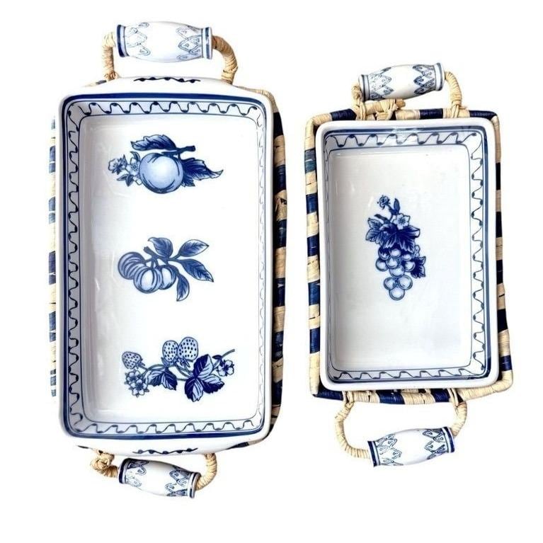 Blue Floral Porcelain Serving Dishes with Rattan Carrier, Set of 2