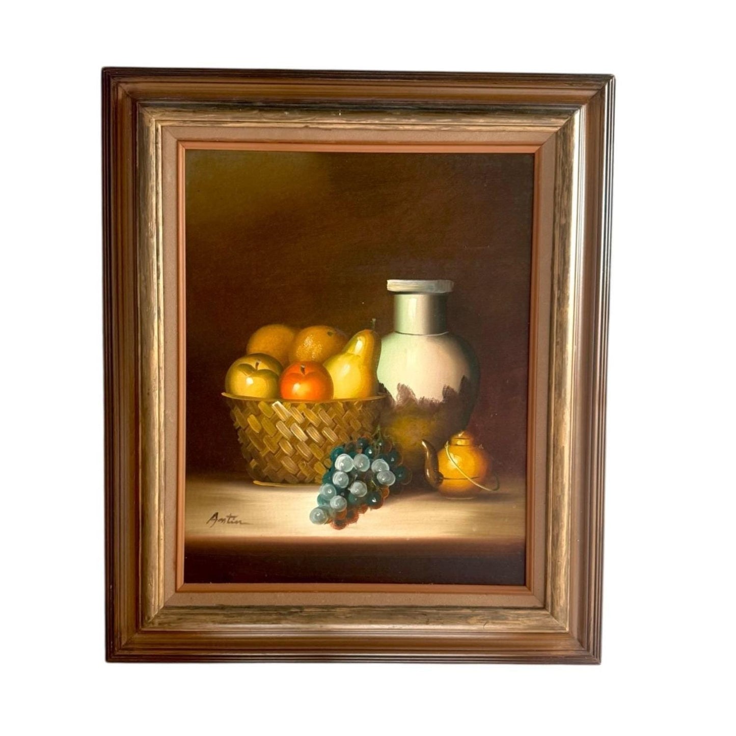 Vintage Framed Still Life Painting Artist Signed With Fruit Basket & Jug Brown