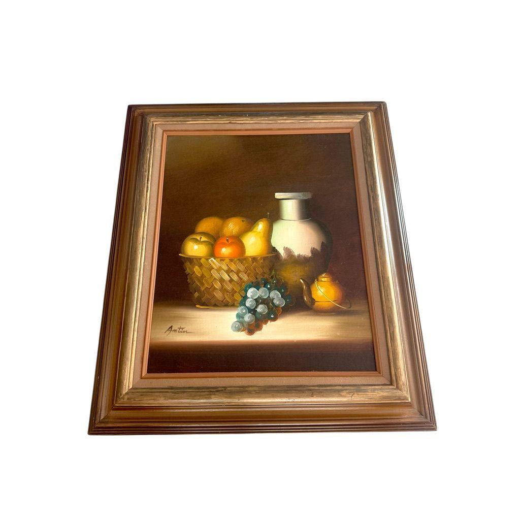 Vintage Framed Still Life Painting Artist Signed With Fruit Basket & Jug Brown