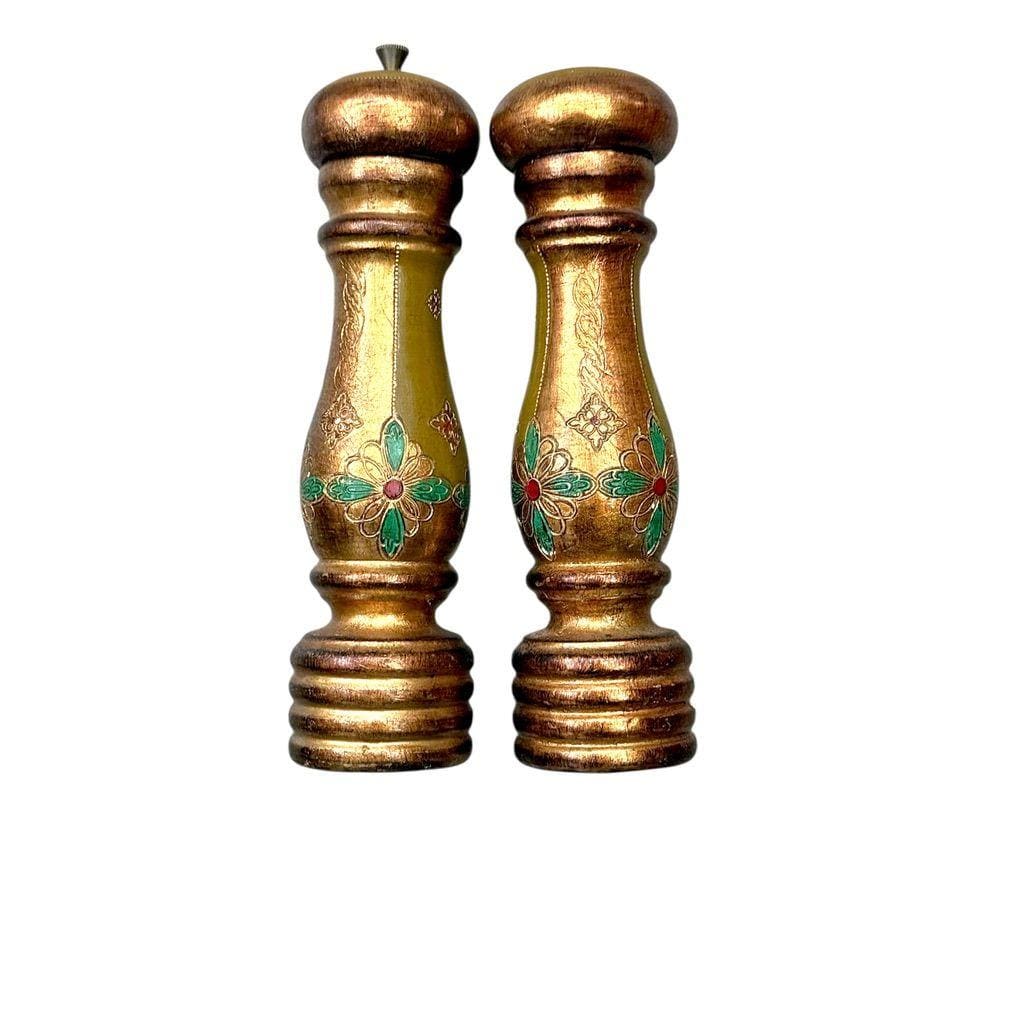 Vintage Hand-Painted Wooden Salt & Pepper Shakers With Floral Design