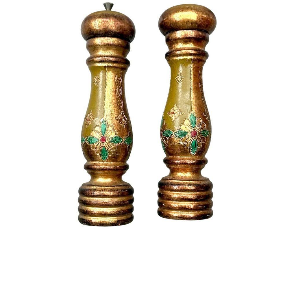 Vintage Hand-Painted Wooden Salt & Pepper Shakers With Floral Design