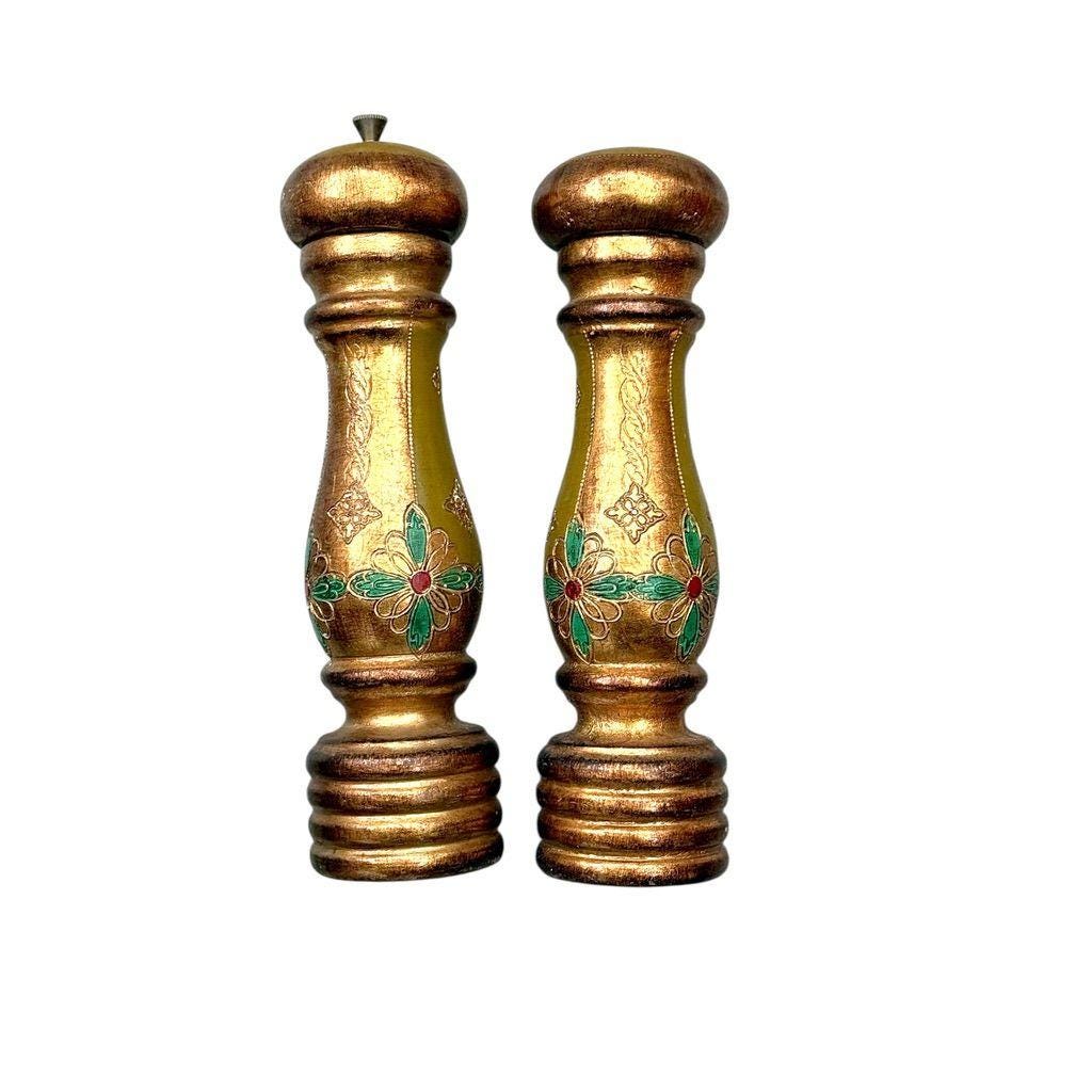 Vintage Hand-Painted Wooden Salt & Pepper Shakers With Floral Design