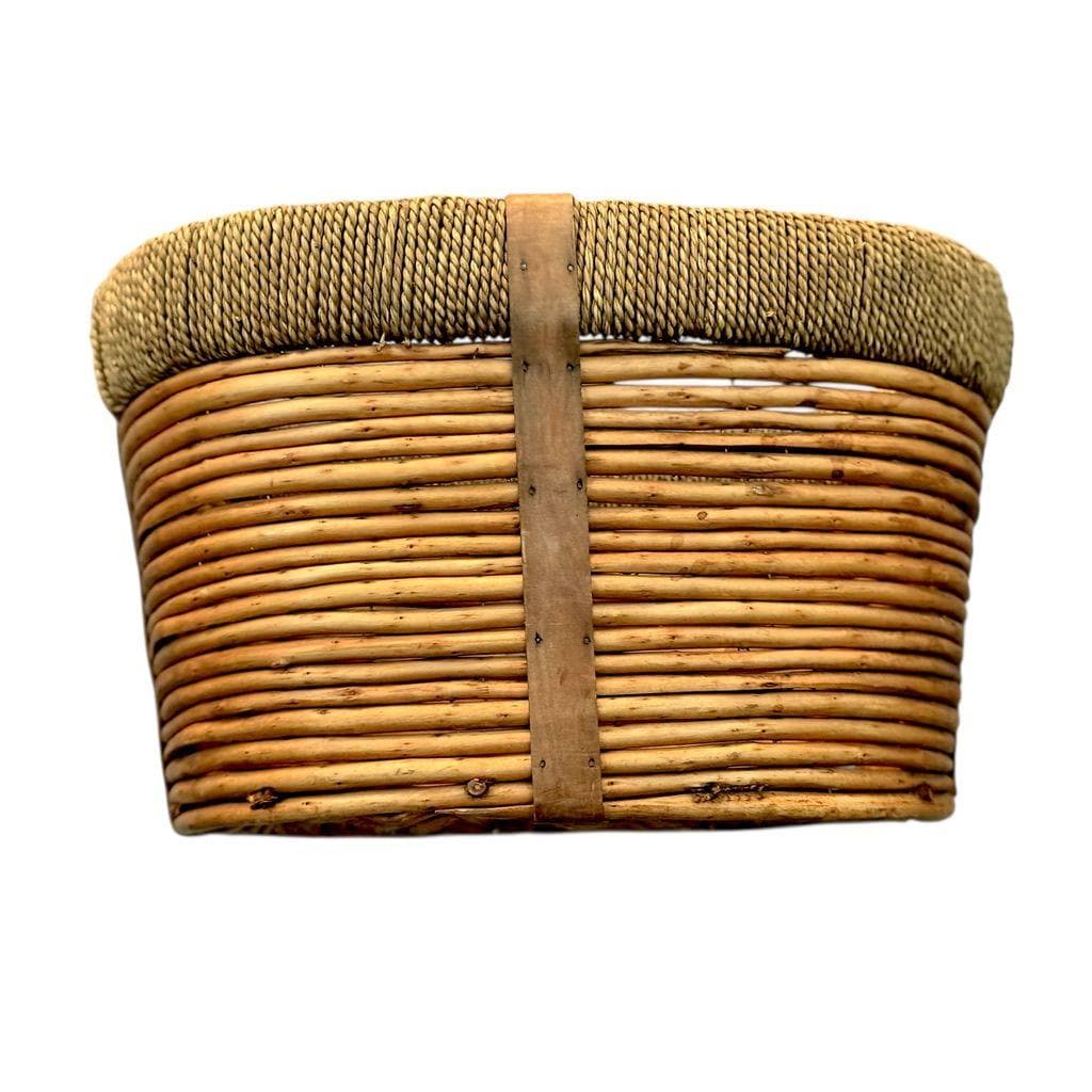 Vintage Woven Oval Pencil Reed Basket W/ Rattan Rim & Wooden Straps