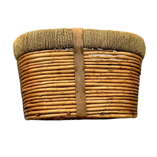 Vintage Woven Oval Pencil Reed Basket W/ Rattan Rim & Wooden Straps
