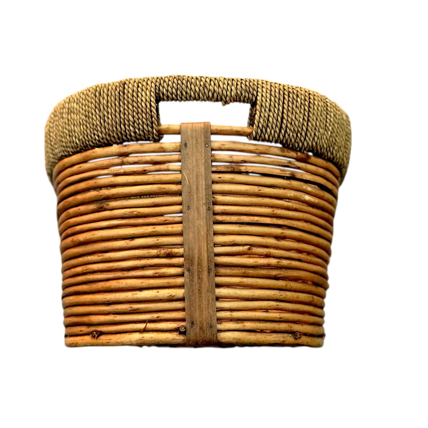 Vintage Woven Oval Pencil Reed Basket W/ Rattan Rim & Wooden Straps