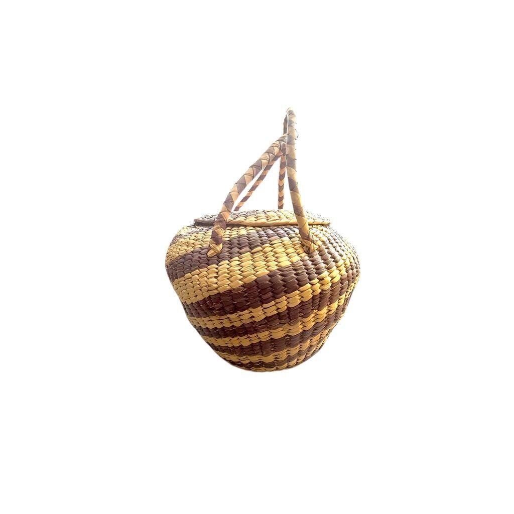 Handmade Woven Raffia Basket With Lid & Handle - Natural Purple Stripes