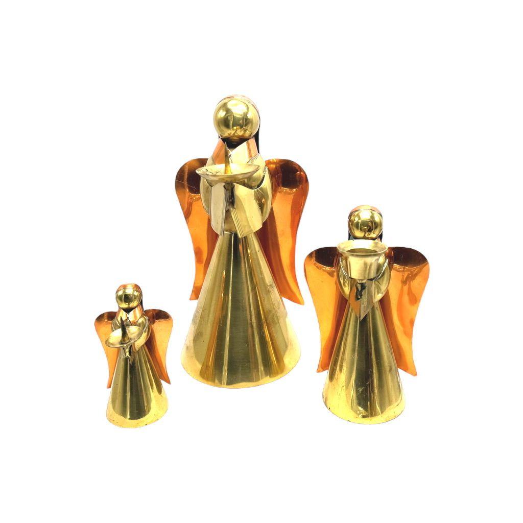 Vintage Handcrafted Brass & Copper Angel Candle Holders Set Of 3