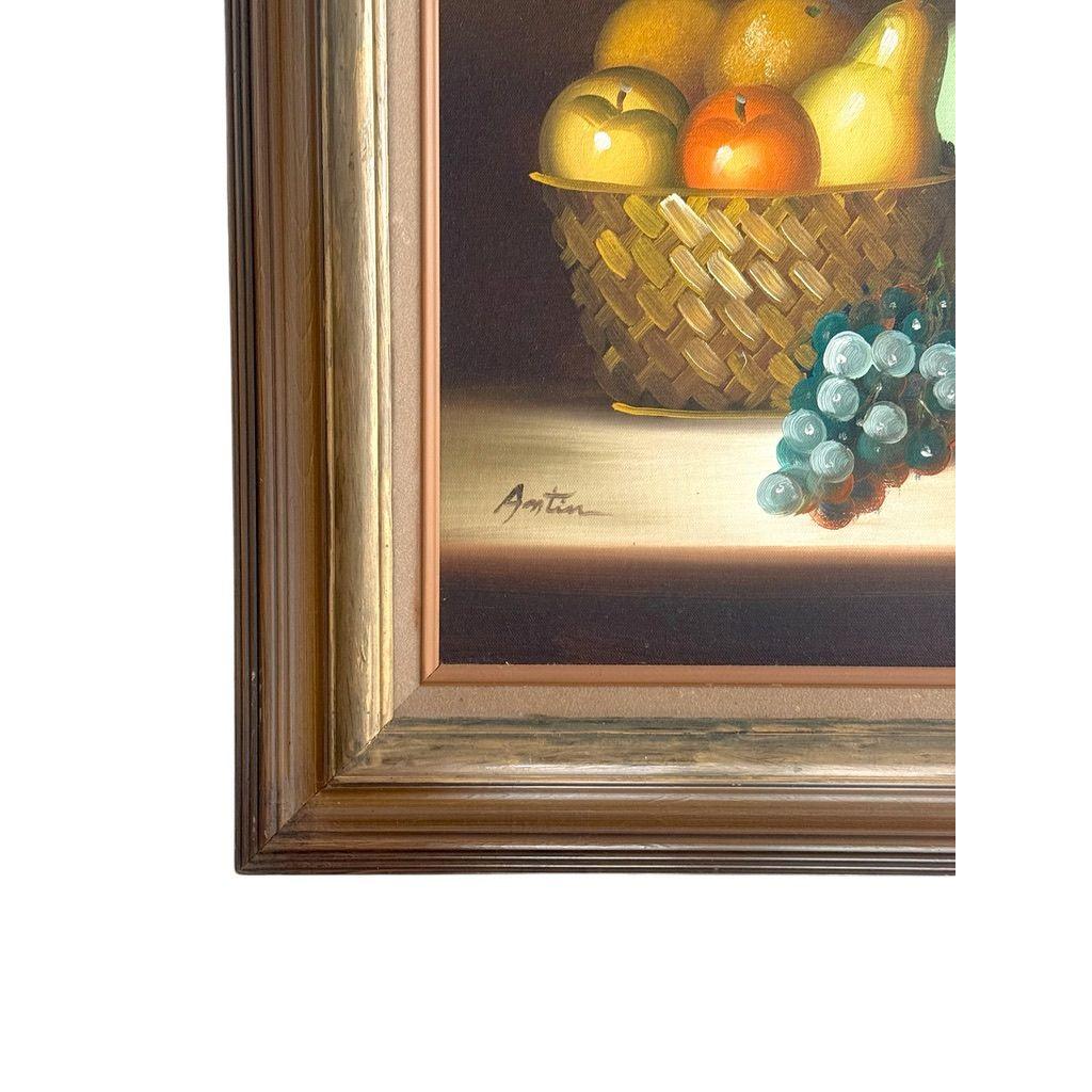 Vintage Framed Still Life Painting Artist Signed With Fruit Basket & Jug Brown