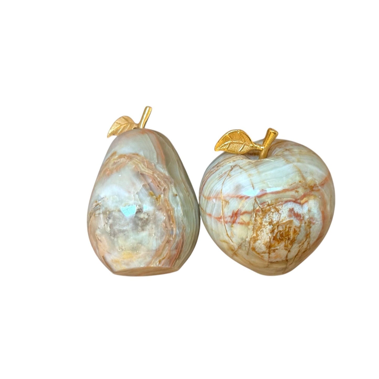 Onyx Marble Apple & Pear Paperweight Set With Brass Leaf Accents Decorative Collectibles