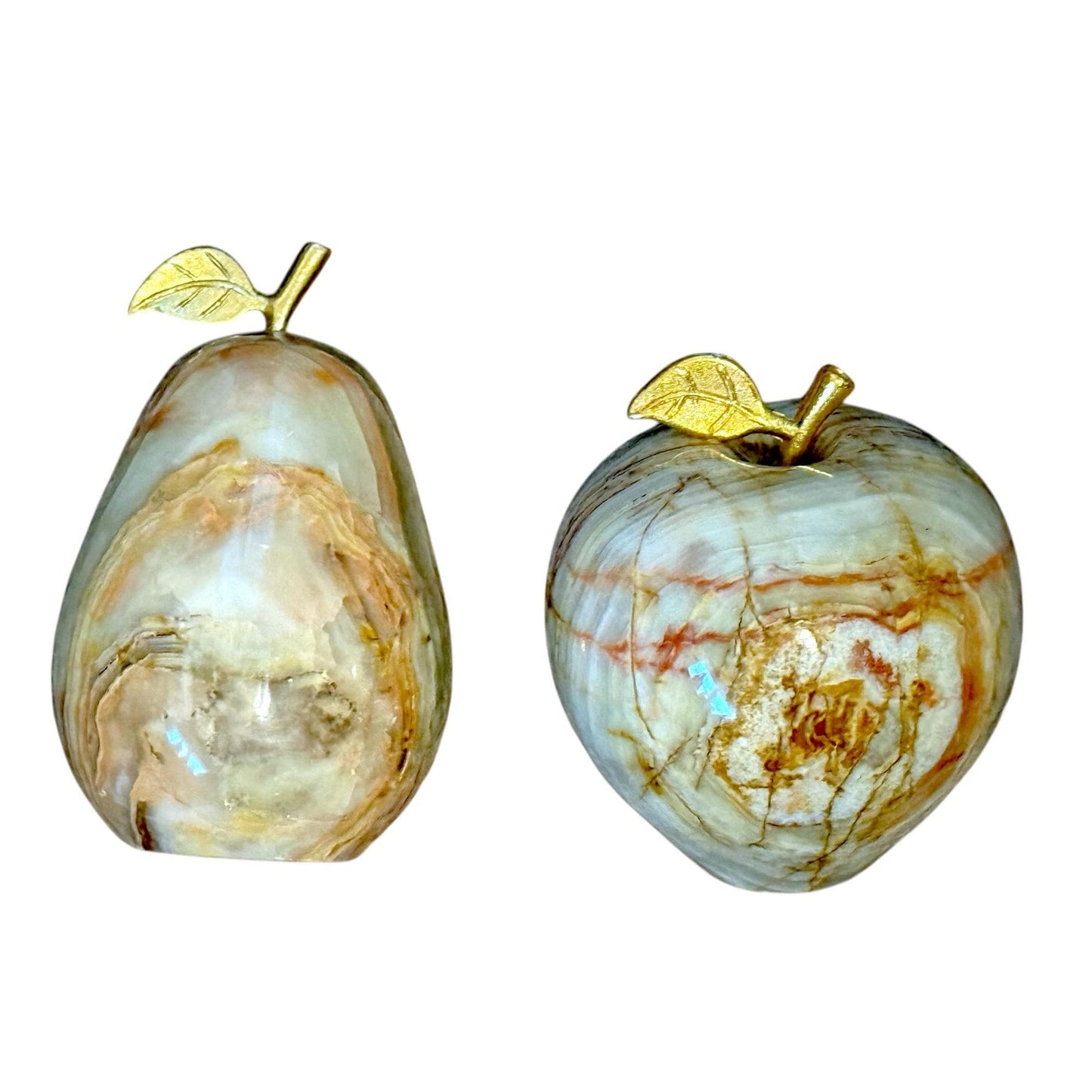 Onyx Marble Apple & Pear Paperweight Set With Brass Leaf Accents Decorative Collectibles