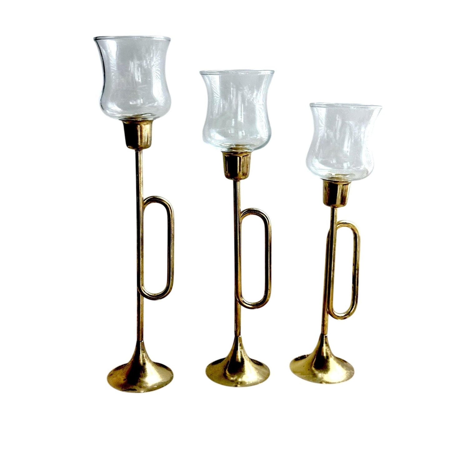Vintage Brass & Glass Horn Candle Holders Set Of 3